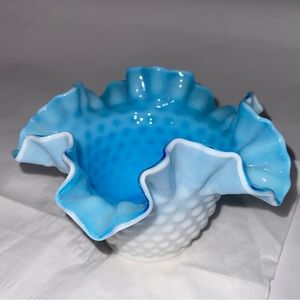 Kanawha Cased Blue & White Glass Hobnail Ruffled Bowl Vase Vintage Glass